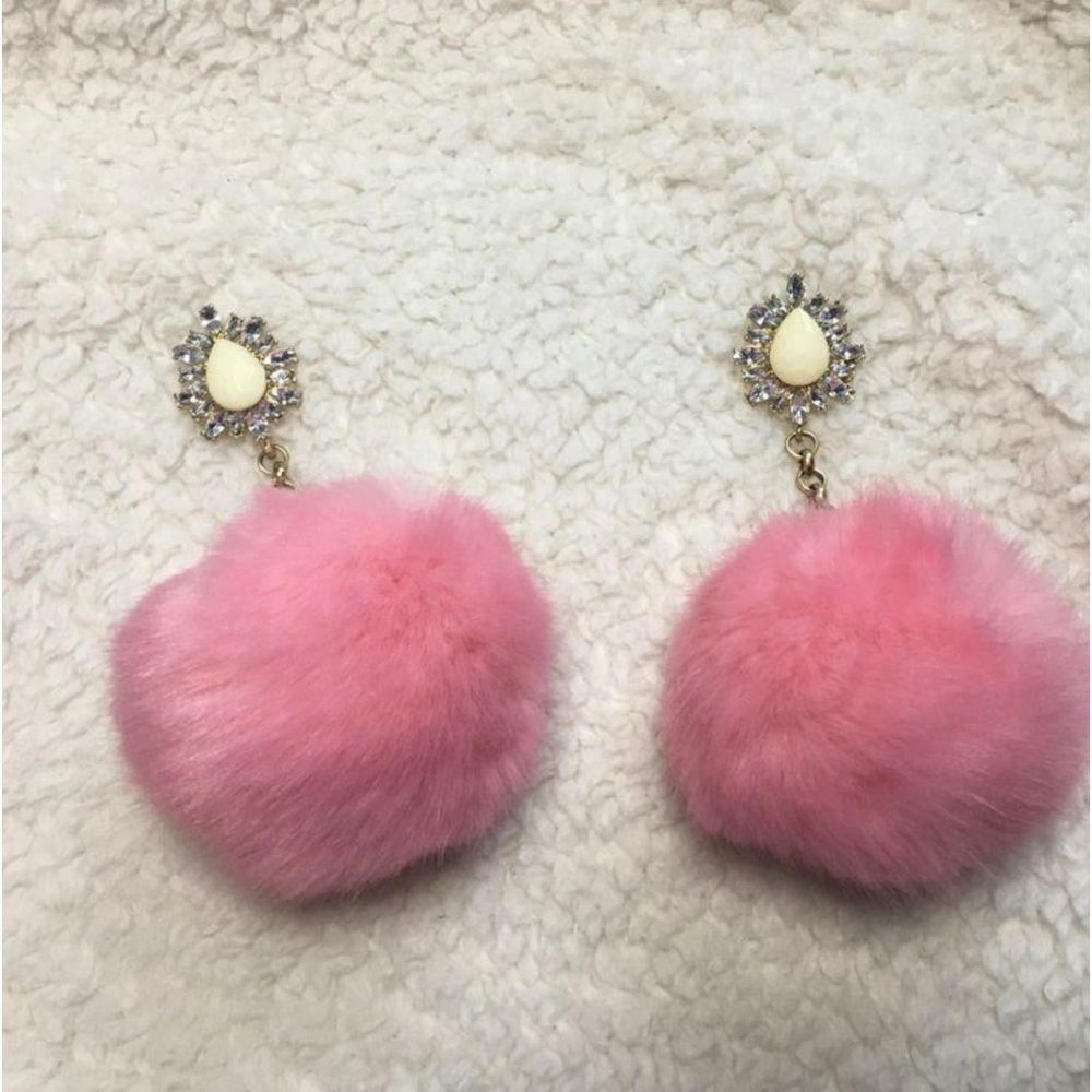 Rock n Rose Baby Pink Fluffy Pom Pom Statement Earrings with Rhinestone Accents